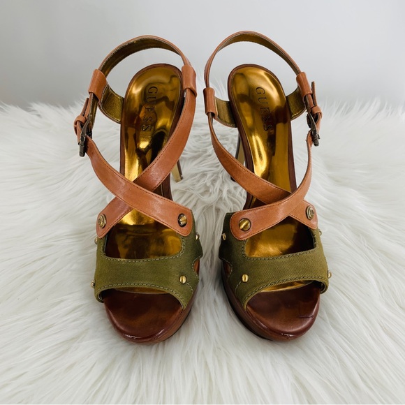 Guess Belloma Leather and Olive Canvas Platform Sandals - Picture 3 of 7